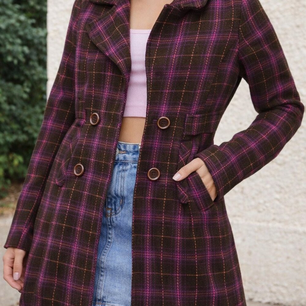Unik Women’s Pink Brown Plaid Peacoat Jacket Size XL Double Breasted Lined Coat
